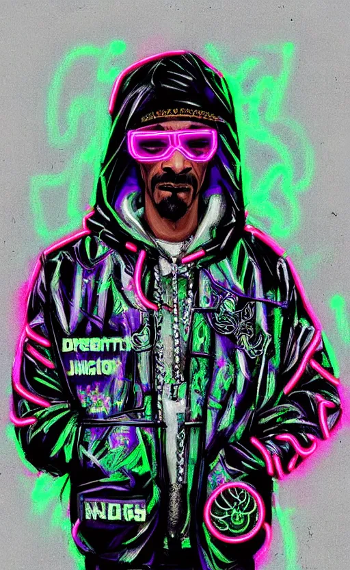 Image similar to detailed Snoop Dogg portrait Neon Operator, cyberpunk futuristic neon, reflective puffy coat, decorated with traditional Japanese ornaments by Ismail inceoglu dragan bibin hans thoma !dream detailed portrait Neon Operator Girl, cyberpunk futuristic neon, reflective puffy coat, decorated with traditional Japanese ornaments by Ismail inceoglu dragan bibin hans thoma greg rutkowski Alexandros Pyromallis Nekro Rene Maritte Illustrated, Perfect face, fine details, realistic shaded, fine-face, pretty face