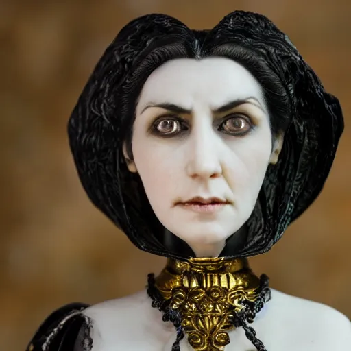 Image similar to photo taken of an epic intricate, ultra detailed, super realistic bust of a majestic gracious regal beautiful aristocratic victorian female vampire stop motion puppet created by weta workshop, menacing, some zoomed in shots, photorealistic, sharp focus, white wall, extremely cold blueish colour temperature, 3 5 mm, f 1. 4, golden ratio