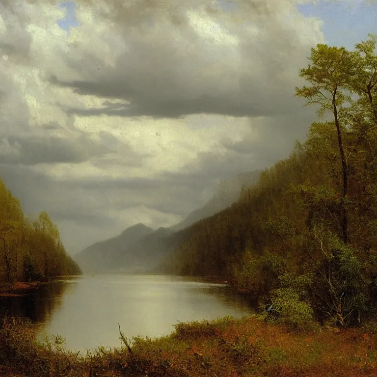 Image similar to hudson river school painting, Albert Bierstadt, naturalism, great river, Phragmites, steep mountains, incoming storm