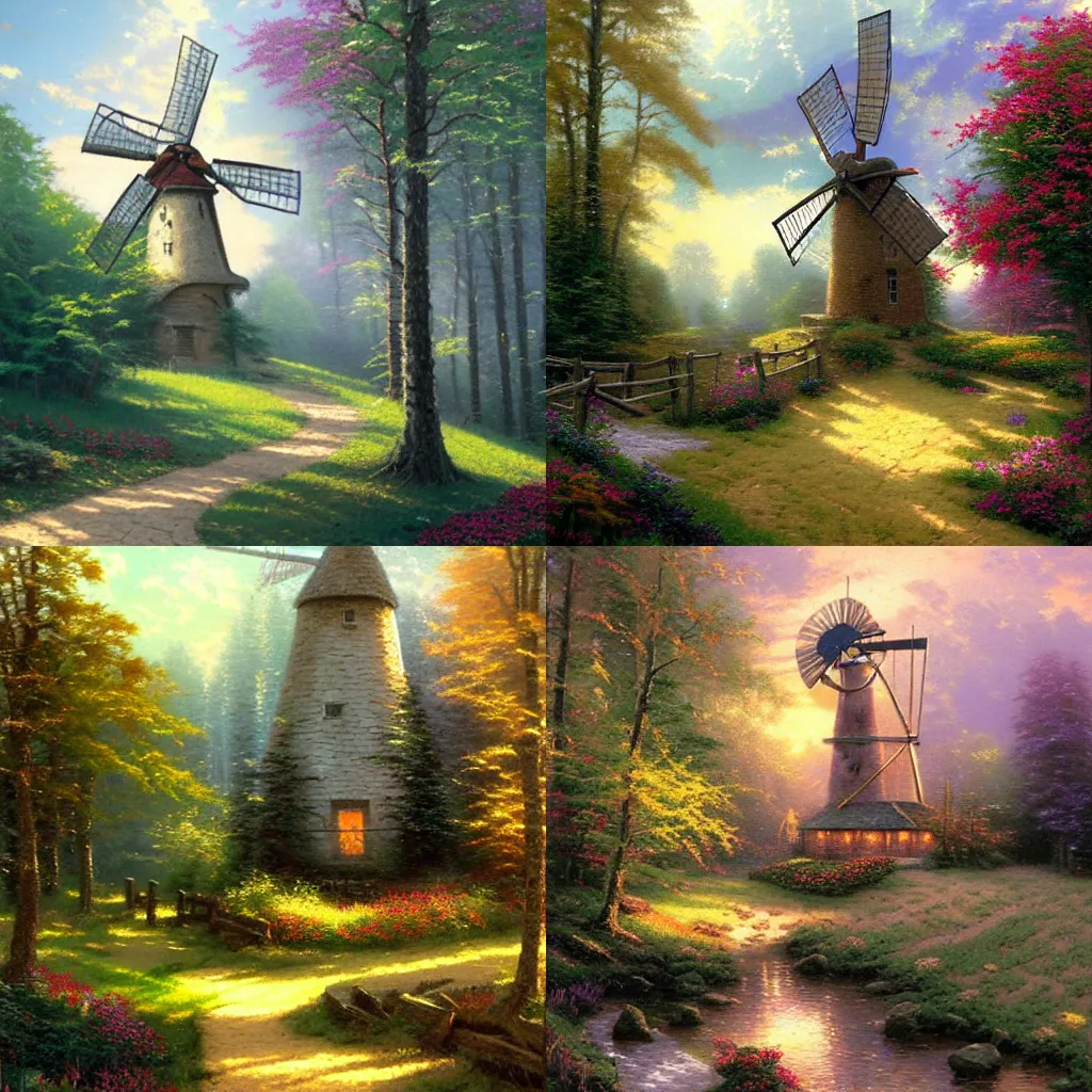 Prompt: thomas kinkade painting of old windmill in the woods