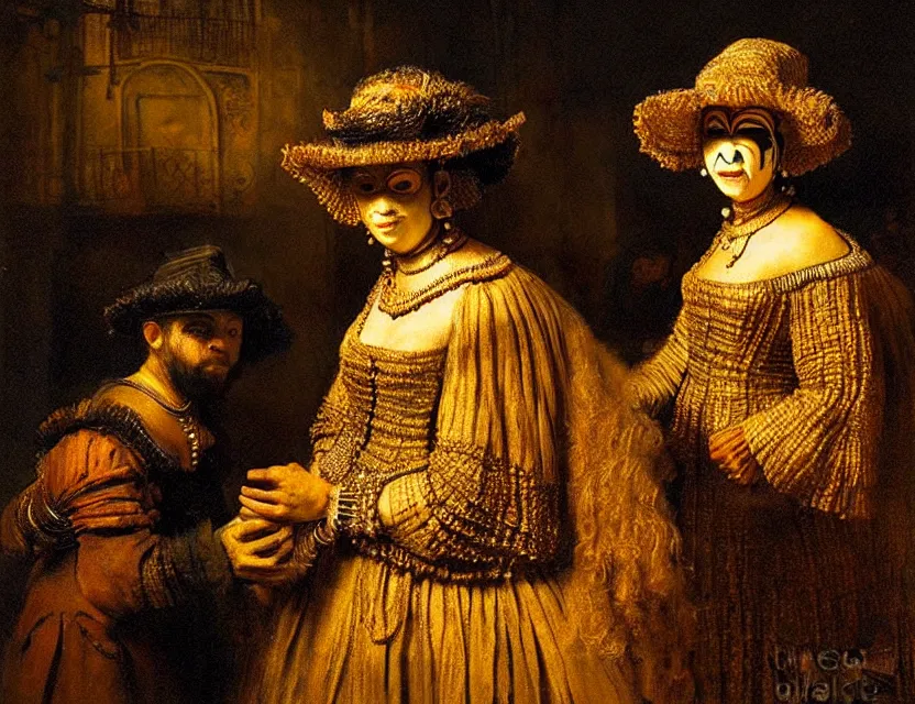 Prompt: woman selling masquerade on the streets, intricate, highly detailed, painting by rembrandt, concept art, sharp focus, rembrandt lighting