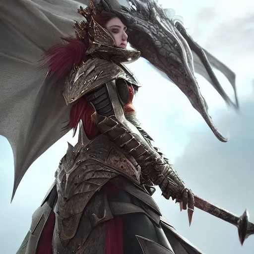 Image similar to highly detailed realistic stunning shot of a beautiful female dragon knight, resting her sword over her armored shoulder, cloak flittering in the wind, high quality, HD octane render, epic cinematography, Artstation, Deviantart, Furaffinity