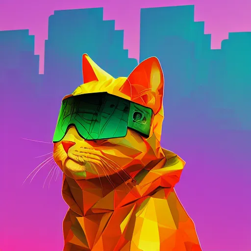 Prompt: high quality photo of cat in sunglasses and hoodie at the laptop, digital art, polygonal art, cyberpunk, synthwave