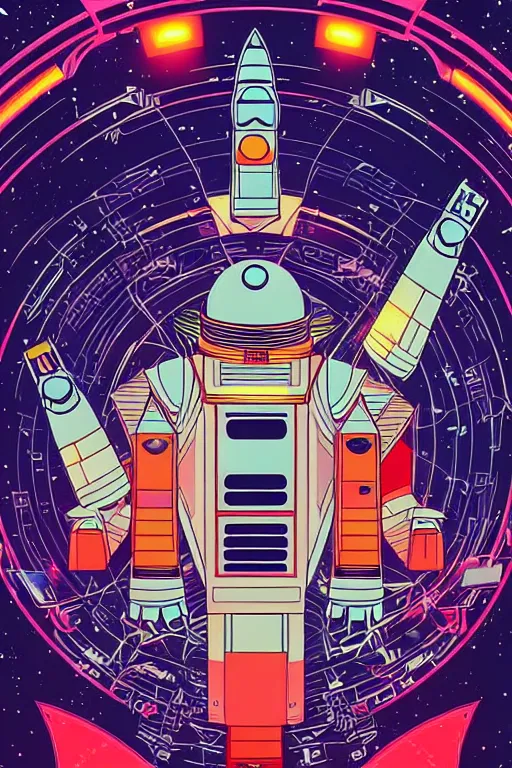 Image similar to drawing of an 8 0 s art deco international space station filled with electronic equipment, japanese gundam mech, robots, led screens, droids, a detailed comic panel by kilian eng, moebius, featured on deviantart, psychedelic art, psychedelic, dmt