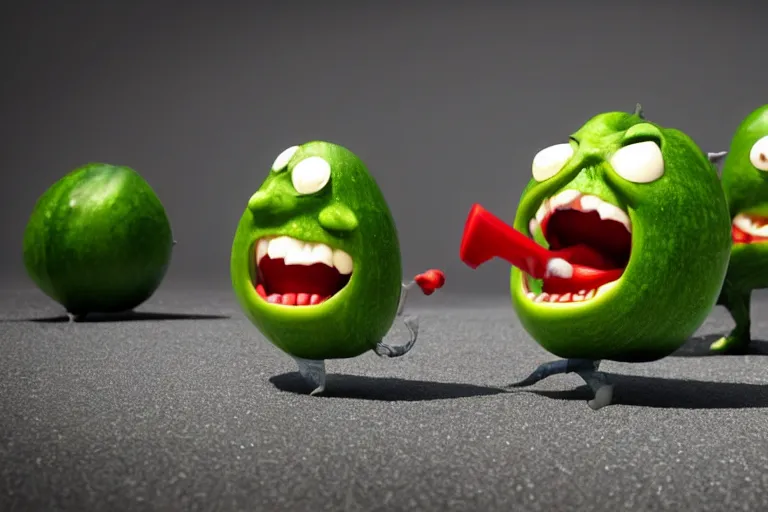 Image similar to detailed 3 d render of an angry furious zucchini with a bloody sword in his hand, running down the road chasing after a group of scared tomatoes, hyper realistic octane render, dramatic lighting, high speed chase, nightmare, surrealism, pixar, disney, cartoon