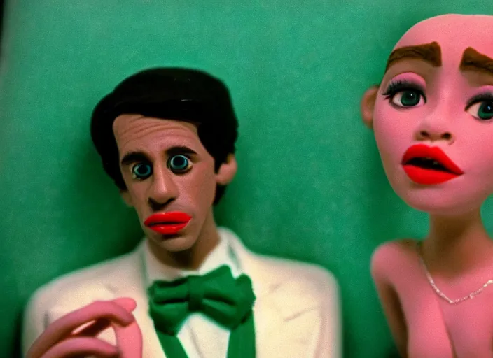 Prompt: 1 9 8 0 s cinematic screenshot cinestill portrait of a stop motion claymation film, green book, shallow depth of field, 1 8 mm, f 1. 8, film grain