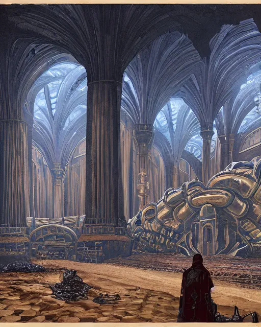 Prompt: paul atreides muad'dib in the giant throne hall, highly detailed, ominous, eldritch, by simon stalenhag and greg rutkovski, 1900s sci-fi movie