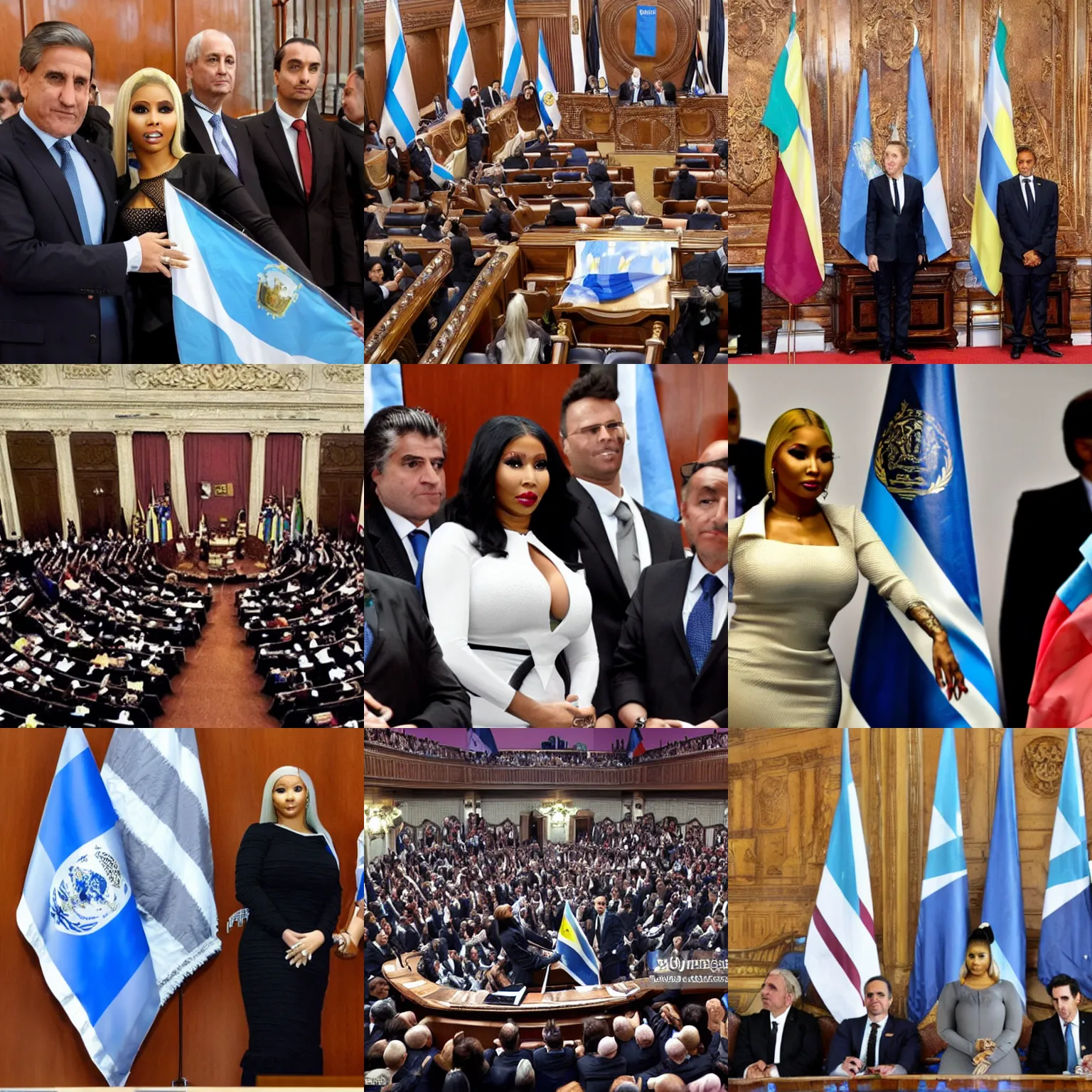 Image similar to Nicki Minaj president of Argentina, in the Argentine Congress, flags of Argentina behind, detailed picture