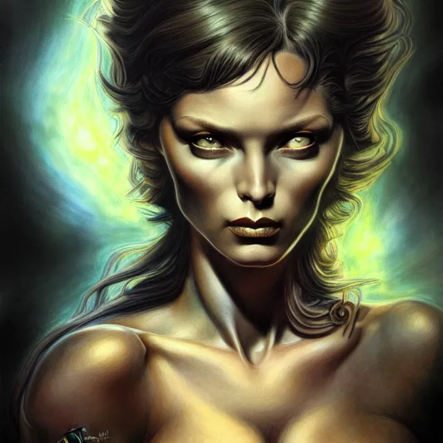 Prompt: portrait, attractive mutant lamia, digital tempera and pastels, dramatic lighting, extremely high detail, pen and ink, intricate illustration, by stephen bradbury, frank frazetta, wendy froud, john picacio, artstation, wlop, pixiv