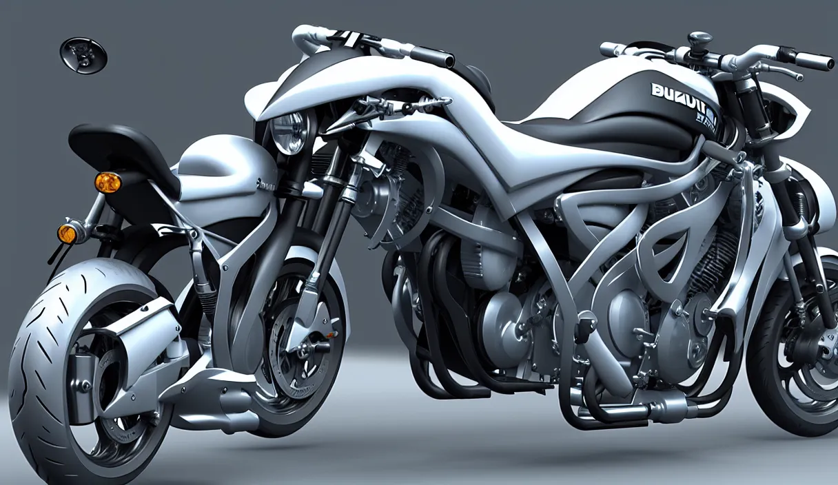 Image similar to futuristic version of suzuki bandit bike, high detail design, volumetric lighting, from new movie by digital domain and weta digital, strong ambient occlusion