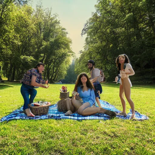 Prompt: people on a picnic, photo portrait, symmetry, awesome exposition, very detailed, highly accurate, professional lighting diffracted lightrays, 8 k, sense of awe