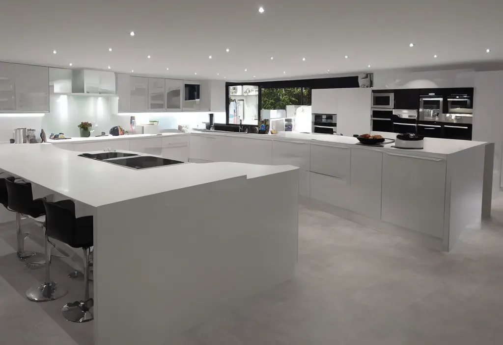 Image similar to modern kitchen with led strip lighting, homes and gardens, super detailed render, award winning,