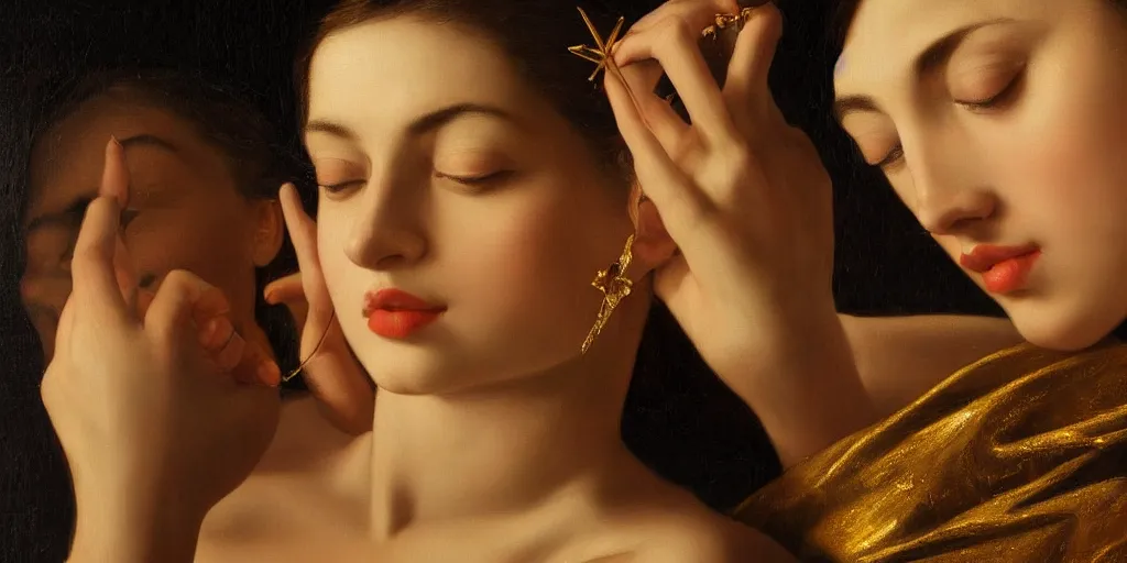 Prompt: beautiful oil matte portrait painting, women with gold skin showered with diamonds, wonderful masterpiece highly detailed, beautiful cinematic light deep focus, elegant, digital painting, smooth, sharp focus, golden ratio, dramatic illumination, ultra realistic, 8 k, art by artemisia lomi gentileschi and caravaggio