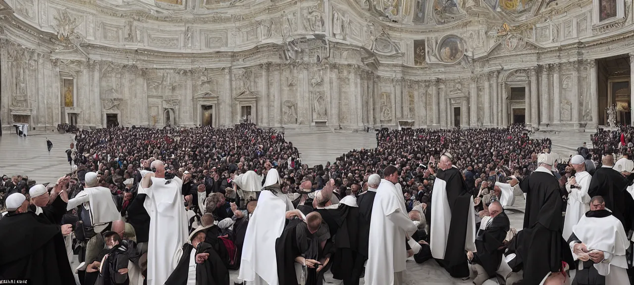 Prompt: Surprised Priests Watching the Landing of an Alien Ship in the Middle of the Vatican Square, Very Restless and Dramatic Atmosphere, Realism, Detailed Journalistic Photography