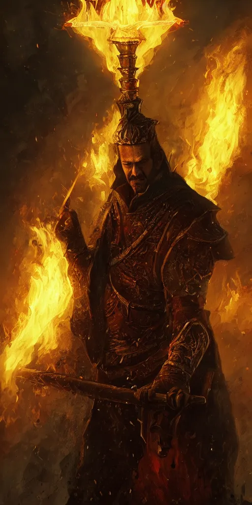 Image similar to stannis baratheon, artstation, flaming sword, high detail, dramatic lighting