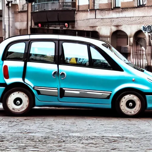 Image similar to a photo of an ugly fiat multipla on a very narrorw busy street