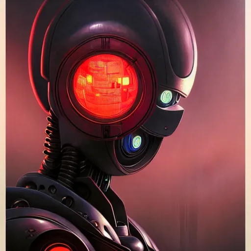 Image similar to low angle shot of a cyberpunk gazmask robot character with red wires behind from top, intricate, elegant, highly detailed, centered, digital painting, artstation, concept art, smooth, sharp focus, illustration, artgerm, Tomasz Alen Kopera, Peter Mohrbacher, donato giancola, Joseph Christian Leyendecker, WLOP, Boris Vallejo