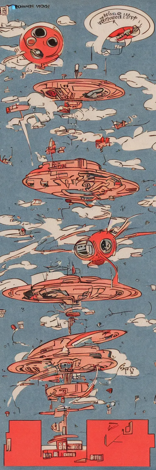 Image similar to a gigantic red eyed alien flying over a little US city, his cylindric wooden spaceship over him with multiple little colored lights around the spaceship, old graphic comics design, 1940's photography