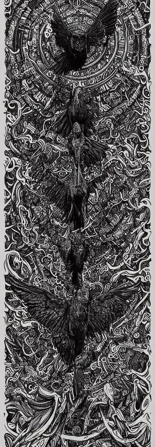 Prompt: psychedelic, monochrome artwork!!, raven, deer, in front of an owl that is a window into the ocean, typography by hr giger and james jean and andreas rocha,
