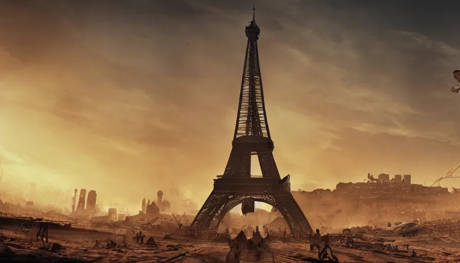 Image similar to eiffel tower under tons of sand in mad max, hyperdetailed, artstation, cgsociety, 8 k