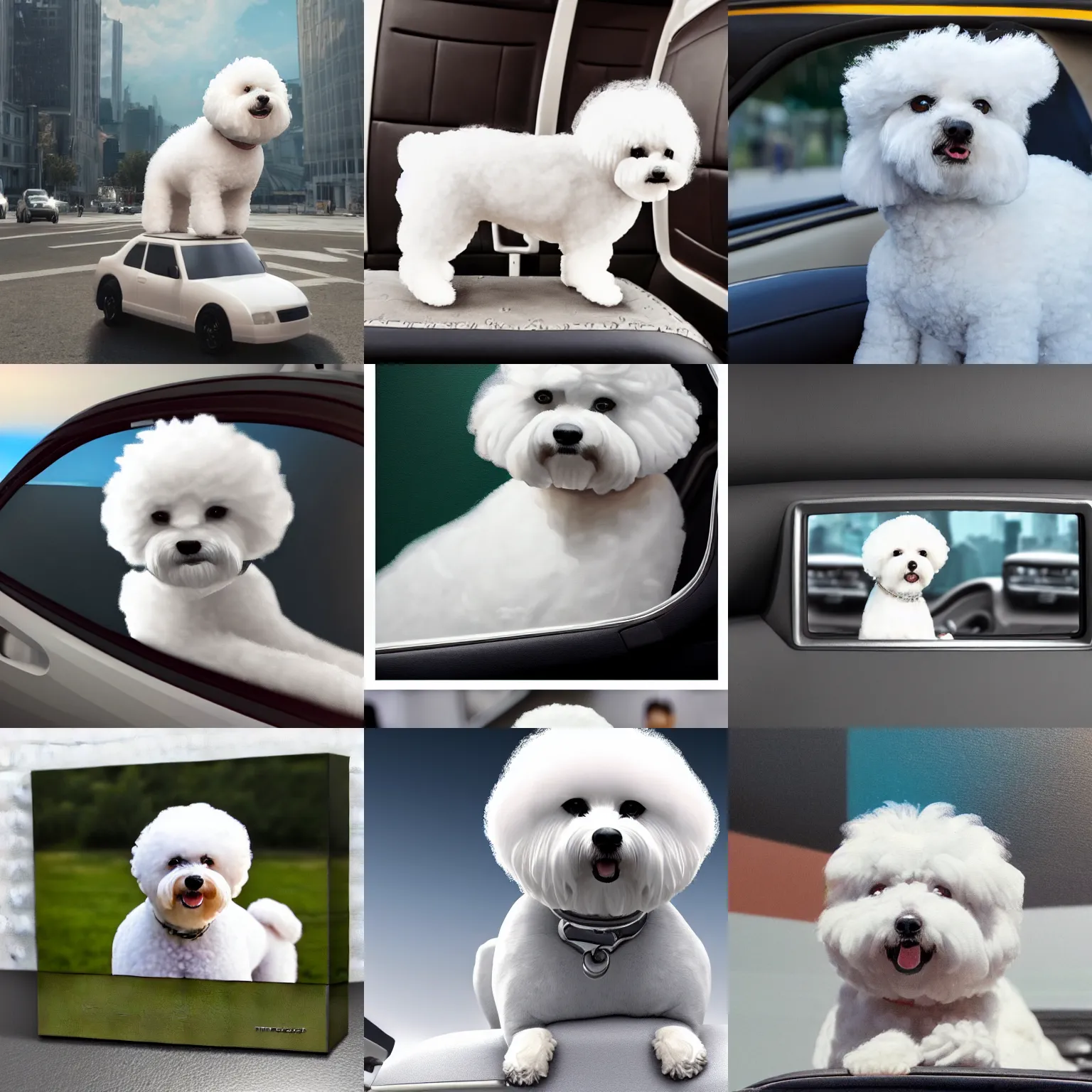 Prompt: a photorealistic canvas painting of bichon frise riding in the back on an uber. This 4K HD image is Trending on Artstation, featured on Behance, well-rendered, extra crisp, features intricate detail and the style of Unreal Engine.