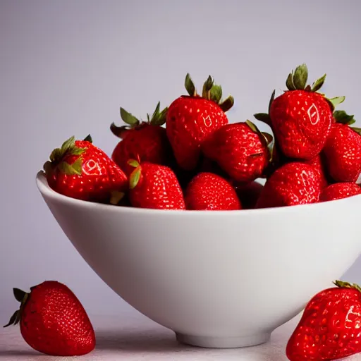 Image similar to studio fruit stage photography macro high definition staged lighting of strawberry ’ s falling into a white porcelain bowl of milk high speed photography award winning