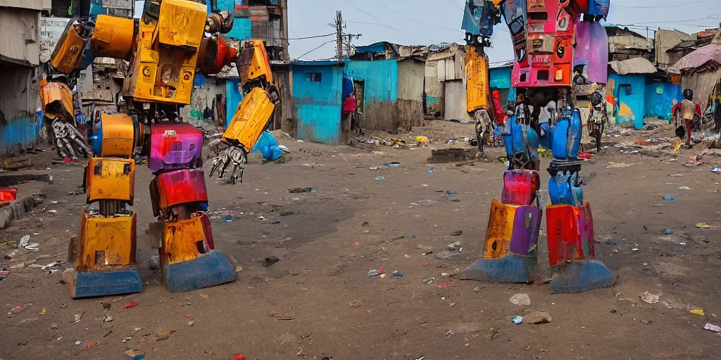 Image similar to colourful - damaged - giant mecha ROBOT of AJEGUNLE SLUMS of Lagos, markings on robot, Golden Hour,