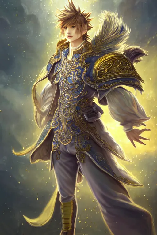 Prompt: fullbody portrait of a young male fit hero with strange hairs, soft smile, baroque cloth, luminous scene, final fantasy and legue of legends champion, by chengwei pan and sakimichan, gradient white to gold, in front of an iridescent magical building background, highly detailed portrait, digital painting, smooth, focus illustration