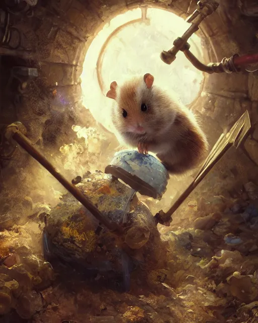 Prompt: oil painting of anthropomorphized hamster hitting floor with pickaxe, steampunk clothes, close shot, full body, dark steampunk mine shaft background, sharp focus, fantasy style, octane render, volumetric lighting, 8k high definition, by greg rutkowski, highly detailed, trending on art Station, dungeons and dragons artwork, centered