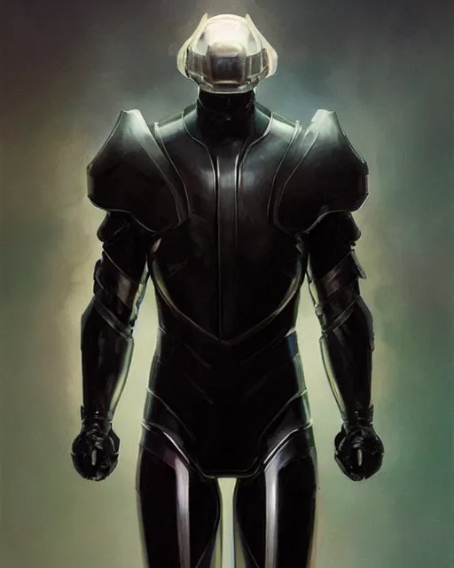 Prompt: character concept of iridescent sinewy smooth toned muscular male sleek glossy indigo black pearlescent scifi armor with continuous smooth black featureless helmet, by greg rutkowski, mark brookes, jim burns, tom bagshaw, magali villeneuve, trending on artstation