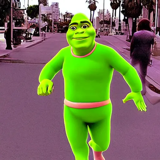 Image similar to Shrek in a Pink Morph Suit walking on the streets of L.A in the mid-2000s, photo taken in the 2000s, photograph, real, realistic, real life, in real life, hyperrealistic, cool, nostalgic, epic, detailed, very detailed, highly detailed, digital art, trending on artstation, in the style of Jamie Hewlett