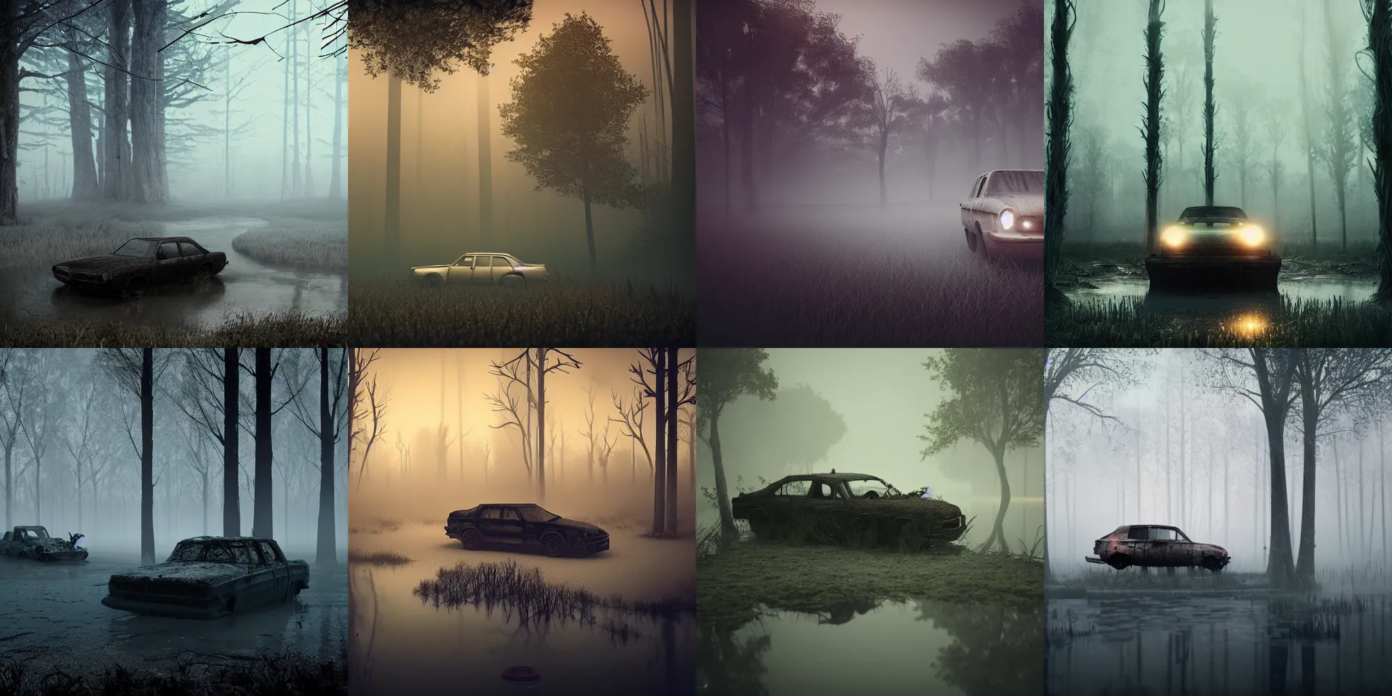 Image similar to beautiful dark creepy foggy swamp landscape, old abandoned car sinking, in the style of beeple and Mike Winkelmann, intricate, epic lighting, cinematic composition, hyper realistic, 8k resolution, unreal engine 5,