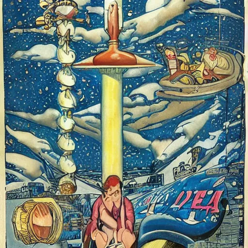 Image similar to photorealistic old school, traditional style tattoo sketch of most beautiful redhead pinup girl, full body portrait in space holding a lazer pistol and sitting on a rocket drawn by sailor jerry, vic james, electric martina, heath clifford, kimi vera