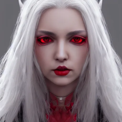 Image similar to a highly detailed portrait of a humanoid demon girl with white hair, red horns, in white clothes, artstation, deviantart, professional, unreal engine 5, photorealistic