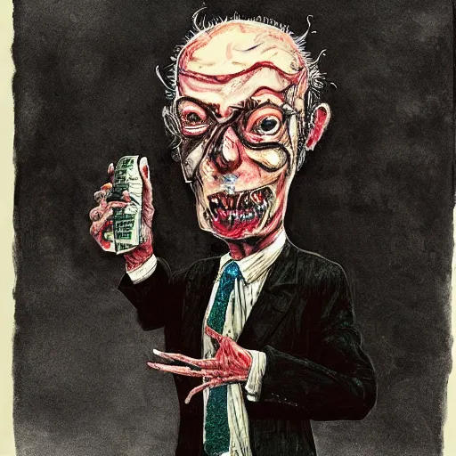 Image similar to Jacob Rothschild full body shot, dollar bills Body horror, biopunk, by Ralph Steadman, Francis Bacon, Hunter S Thompson