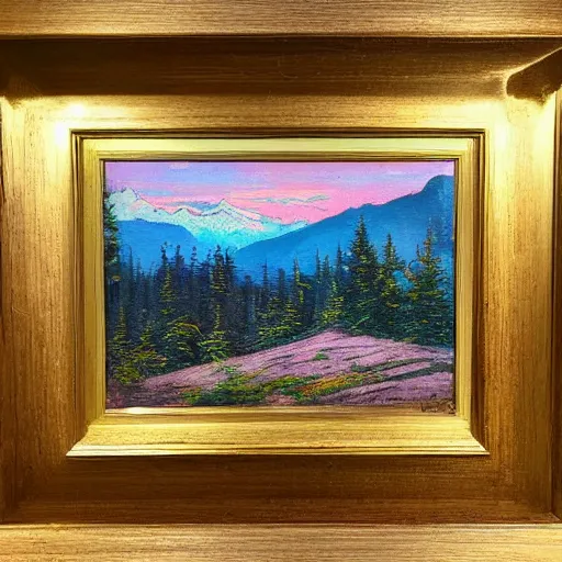 Prompt: beautiful vintage painting, whistler mountain sunset, boho, midcentury, modern, muted pastel colors, top lit, detailed, beautiful solid colors, edge to edge, full frame, intricate, elegant, highly detailed, smooth, sharp focus, high contrast, dramatic lighting, graphic novel, art by bob ross