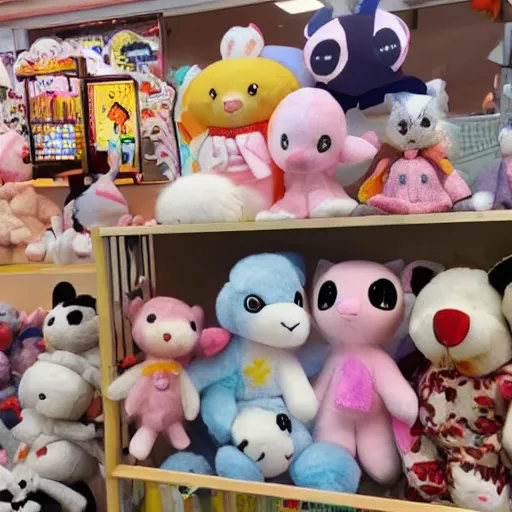 Prompt: stuffed animals inside of a crane game in japan anime style