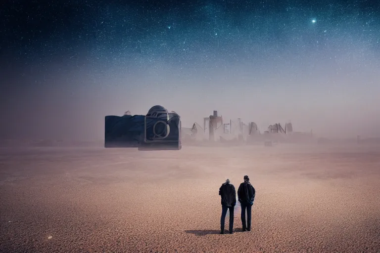 Image similar to landscape photography alien dust with a sandstorm and huge futuristic grungy industrial buildings. distant planets and galaxies in the starry space skyline. men standing and working around the area. huge sense of scale. cinematic