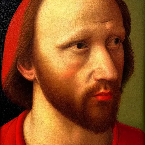 Image similar to a painting of a man wearing a red shirt, a character portrait by Quirizio di Giovanni da Murano, reddit, renaissance, da vinci, detailed painting, academic art