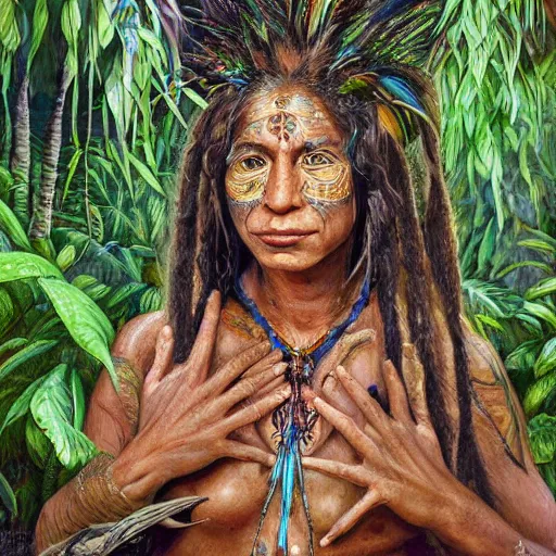 Image similar to a beautiful portrait of an amazonian shaman healer sitting in the jungle, doing a prayer, ayahuasca, high detail painting, fantasy art, highly detailed, realistic face