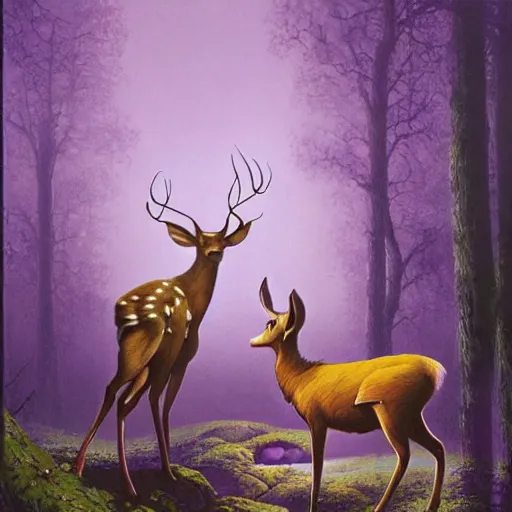 Image similar to a beautiful matte painting of screaming deer and fairy in colorful purple silk by Dean Ellis, award winning, atmospheric, epic and stunning, intricate details, sense of awe, anthropomorphic, featured on artstation