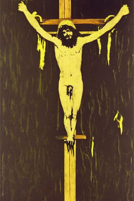 Image similar to bloody jesus christ crucified, yellow sky painted by andy warhol and cy twombly