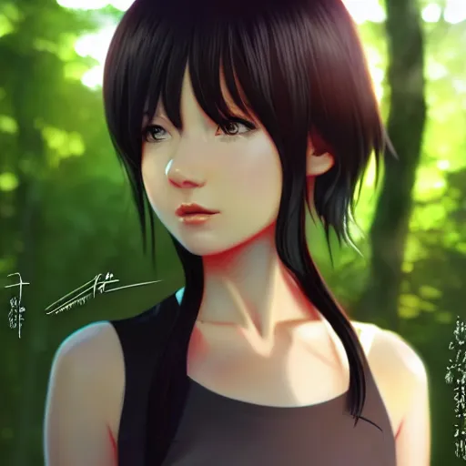 Image similar to realistic render of risa from bofuri by ross draws, forest background by ilya kuvshinov, digital anime art by ross tran, composition by sana takeda, lighting by greg rutkowski