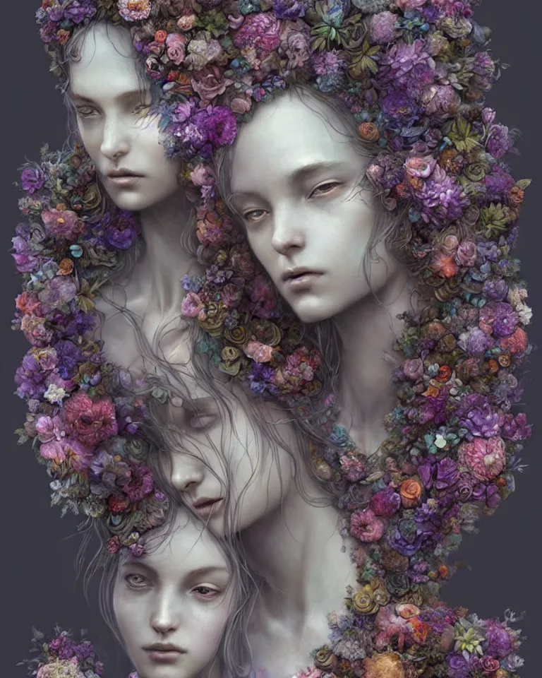 Prompt: a sculpture of interlaced gorgeous etherial females, made of mist, made of flowers, a digital painting by Andrew Ferez, Charlie Bowater, Marco Mazzoni, Seb McKinnon, Ryohei Hase, trending on cgsociety, featured on zbrush central, new sculpture, mystical