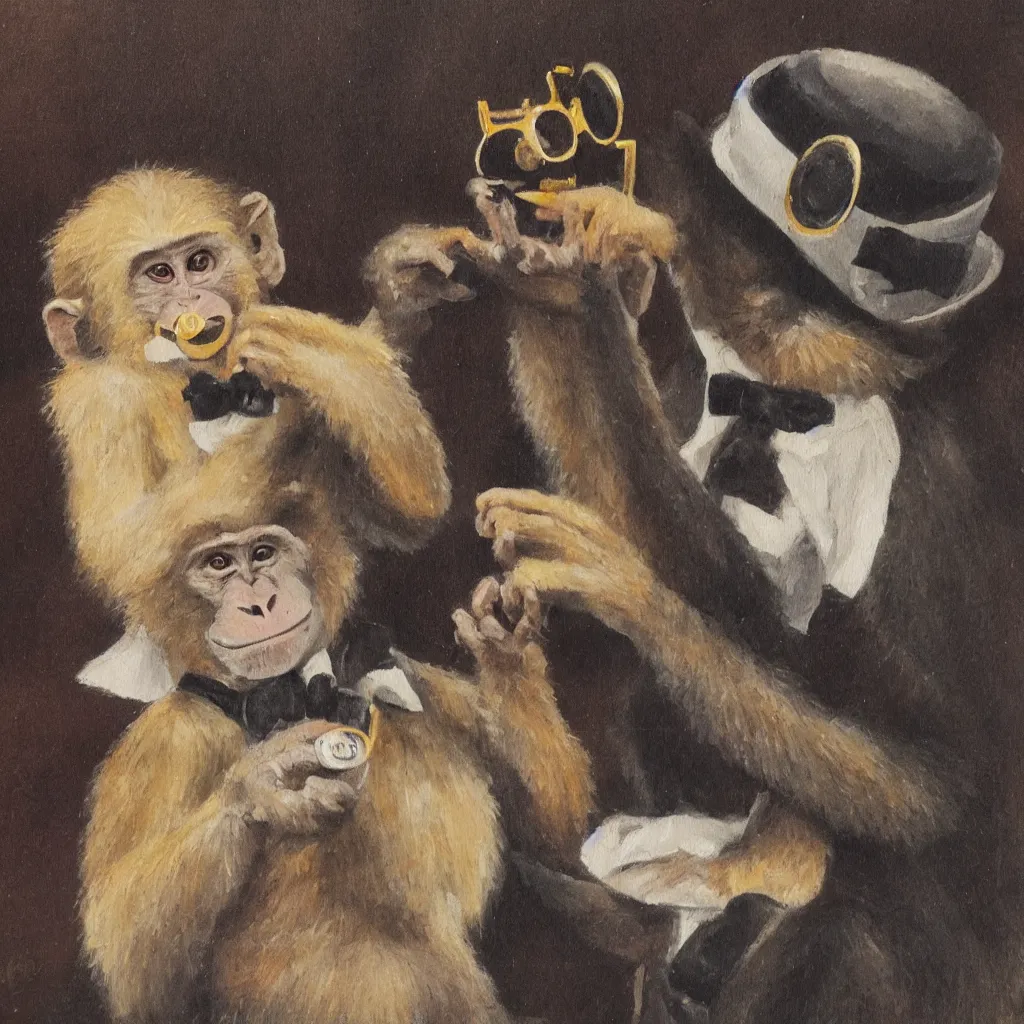 Image similar to a monkey wearing a monocle and a top hat drinking tea, brush strokes, oil painting