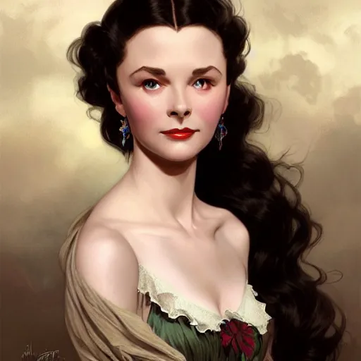 Image similar to Vivien Leigh in Gone With the Wind, D&D, fantasy, intricate, elegant, highly detailed, digital painting, artstation, concept art, matte, sharp focus, illustration, art by Artgerm and Greg Rutkowski and Alphonse Mucha