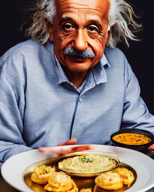 Image similar to a portrait of albert einstein sitting at the dining table with a plate containing panipuri in front of him, highly detailed, trending on artstation, bokeh, 9 0 mm, f / 1. 4