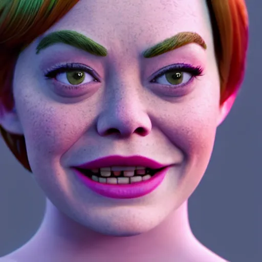 Image similar to Emma Stone as a female version of Shrek, Shrek face features, fully detailed, high quality , 4k , octane render , soft lightening , masterpiece