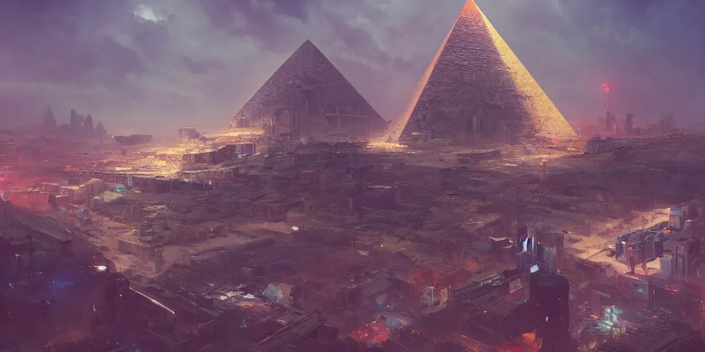 Image similar to cyberpunk egiptian pyramid overview, Greg Rutkowski, 3d scene, trending on Artstation, 8K, ultra wide angle, pincushion lens effect.