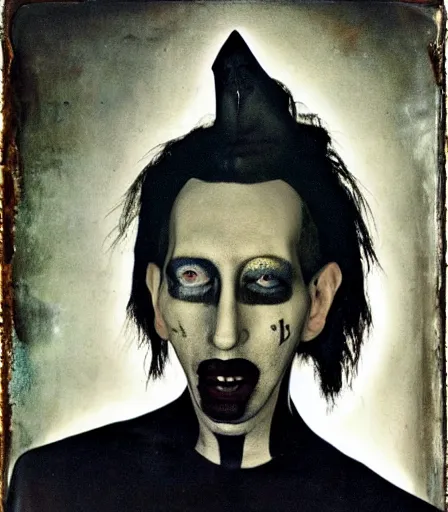 Image similar to portrait of marilyn manson by joel peter witkin and hieronymus bosch, high quality, high detail